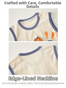 Detail of snap buttons and bound neckline on cotton sleeveless baby romper