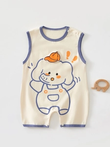 Summer Infant Sleeveless Romper Cotton Blend Cartoon Print Jumpsuit For Newborn Boys Girls Breathable Sleepwear Class A