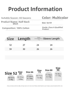 Size chart for 100% cotton newborn baby tops showing measurements for sizes 52 to 90 cm