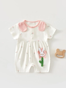 Barboteuse en Coton à Manches Courtes pour Nouveau-né Imprimé Floral Lapin de Dessin Animé Body d'Été Respirant Jumpsuit Une Pièce