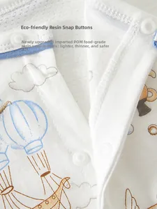 Detail of eco-friendly resin snap buttons on breathable mesh baby romper pajamas