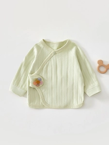 Newborn Baby Cotton Kimono Wrap Top Long Sleeve Ribbed Knit Shirt Flower Embroidery Soft Infant Undershirt Toddler Clothing