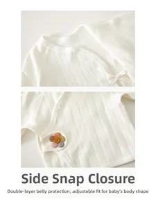 Detail of newborn cotton wrap top with rib texture and protective double layer belly cover