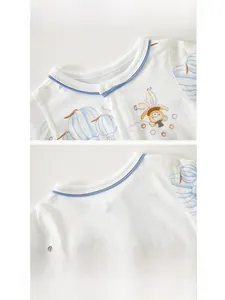 Detail of baby onesie showing breathable mesh fabric, hemmed neckline and bear print