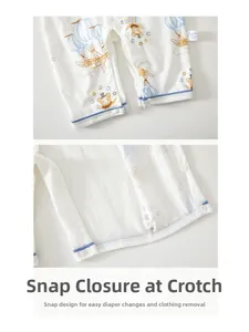 Detail of snap button crotch and leg hem on baby cotton romper with bear prints