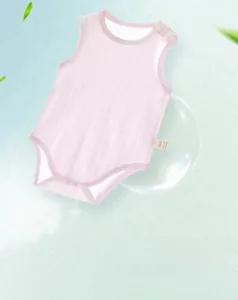 Close-up of pink sleeveless baby bodysuit with hollowed-out jacquard texture and snaps