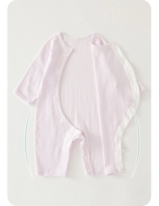 Close-up of baby romper showing vertical ribbed cotton texture and snap buttons