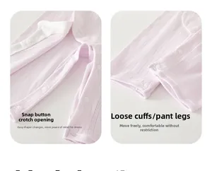 Detail of snap button crotch and loose cuffs on light purple pointelle baby romper