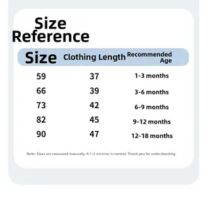 Size chart for newborn cotton bodysuit showing length and age from 1 to 18 months