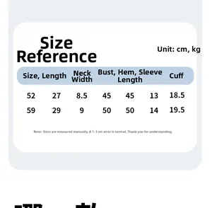 Size chart for newborn cotton top showing precise measurements for sizes 52 and 59