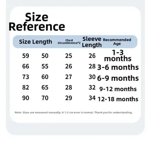 Size chart for newborn cotton rompers showing length, chest, and sleeve measurements