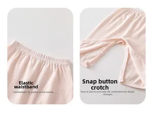 Detail of baby pink cotton pants with elastic waist and snap buttons for diaper change