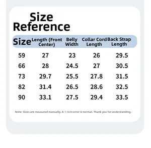 Detailed size chart for cotton baby bib with measurements for lengths and widths in cm