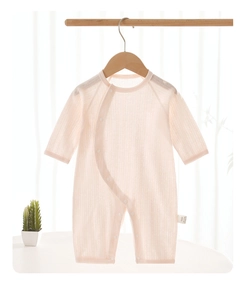 Close-up of baby long sleeve romper in breathable ribbed cotton with side snap buttons