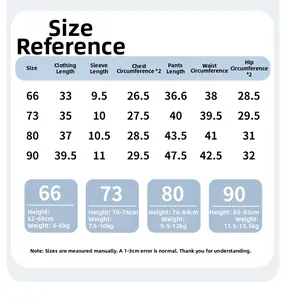Detailed size guide table for baby cotton summer set with height and weight recommendations