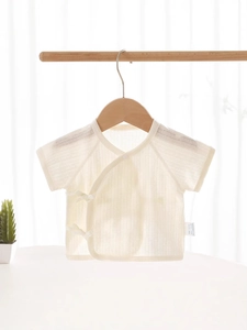 Newborn Baby Kimono Style Short Sleeve Top Summer Thin Cotton Breathable Pointelle Half Back Shirt For Infants 0-6 Months