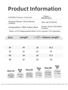 Detailed size chart for baby short sleeve cotton bodysuit rompers for summer months