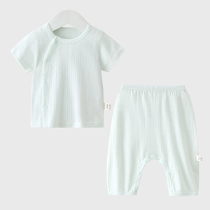 Infant Summer Cotton Top And Pants Outfit Breathable Short Sleeve Pajamas Grade A Soft Daily Wear Neutral Solid Color Pointelle