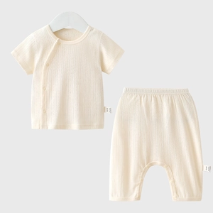Baby summer cotton knit set with short sleeve top and long pants in cream white