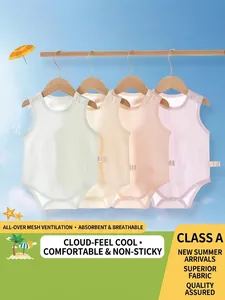Four pack of breathable cotton sleeveless baby bodysuits in various soft pastel colors