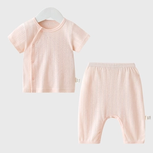 Infant summer set in light pink breathable cotton with short sleeve top and long pants