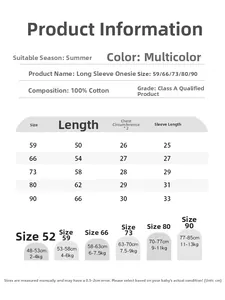 Size chart for baby cotton rompers showing detailed measurements from size 52 to 90 cm