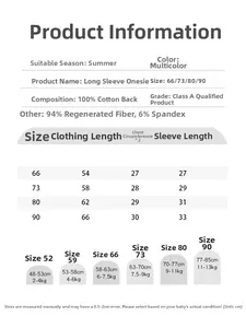 Detailed size chart for baby mesh romper with length and chest measurements in cm
