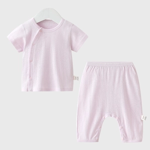 Pink cotton baby summer set with breathable knit texture and high-waist pants