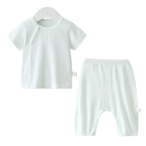 Infant short sleeve and pants set in mint green breathable ribbed cotton fabric