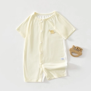 Detail of baby short sleeve romper with cute elephant embroidery and snap buttons