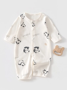 Close-up of baby panda print cotton onesie featuring breathable mesh back and snap buttons