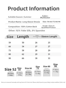 Size chart for baby long sleeve summer rompers with detailed height and weight guide