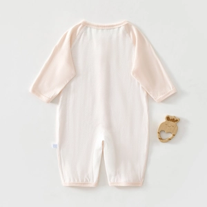 Breathable mesh baby romper with pink striped sleeves and a wooden crown teether detail