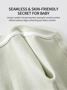 Light green cotton rib knit baby bodysuit with 4-needle 6-thread boneless seam details