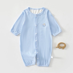 Detail of baby long sleeve romper featuring light blue ribbed fabric and elephant embroidery