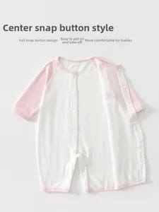 Detail of baby summer thin romper with front snap buttons for easy dressing