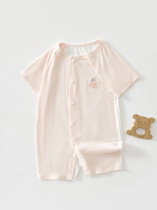 Newborn Baby Summer Short Sleeve Romper Breathable Ribbed Regenerated Cellulose Fiber Jumpsuit Cartoon Embroidery Infant Clothing