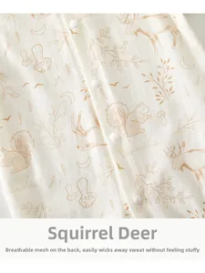 Close-up of baby romper with forest animal prints and breathable mesh back panel