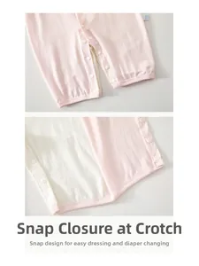 Detail of baby romper featuring snap button crotch and breathable mesh inner lining