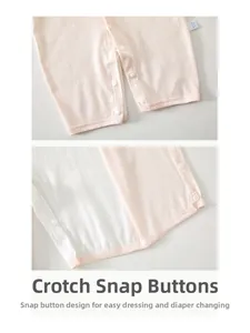 Detail view of snap buttons on baby romper crotch for easy diaper changes and dressing
