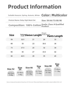 Size chart for 100% cotton baby clothing set with detailed length and weight guidelines