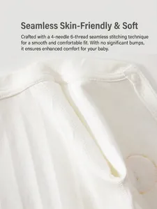 White cotton baby bodysuit featuring flatlock seamless stitching and plastic snap buttons