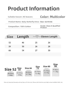 Detailed size chart for 100% cotton baby onesie showing length, bust, and sleeve measurements