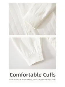 Detail of elastic ribbed cuffs and double-stitched seams on white cotton baby romper