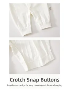 Detail of baby romper snap buttons and ribbed cotton fabric for easy diaper changes