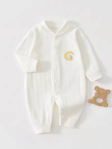 Newborn Baby Cotton Long Sleeve Romper Moon Rabbit Embroidery Infant Ribbed Jumpsuit Pajamas One Piece Crawl Suit For Newborns