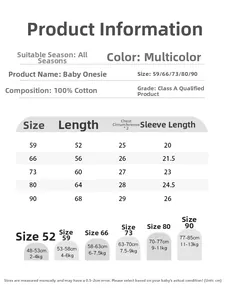 Detailed size chart for cotton baby onesie showing length, chest, and weight guide