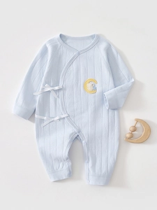 Newborn Baby Cotton Long Sleeve Side Tie Romper Soft Breathable Kimono Bodysuit With Bunny Moon Embroidery For Infants