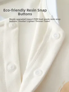 Detailed view of eco-friendly POM food-grade resin snaps on cotton baby romper
