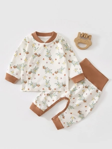 Ensemble de sous-vêtements en coton à taille haute pour nouveau-né haut à manches longues et pantalon avec imprimés d'animaux mignons